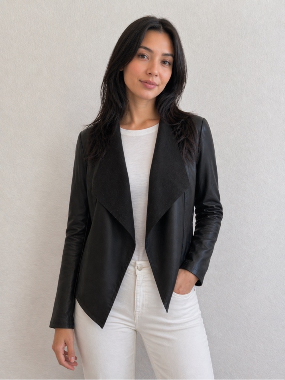 Faux Leather Black Draped Open-Front Blazer Jacket